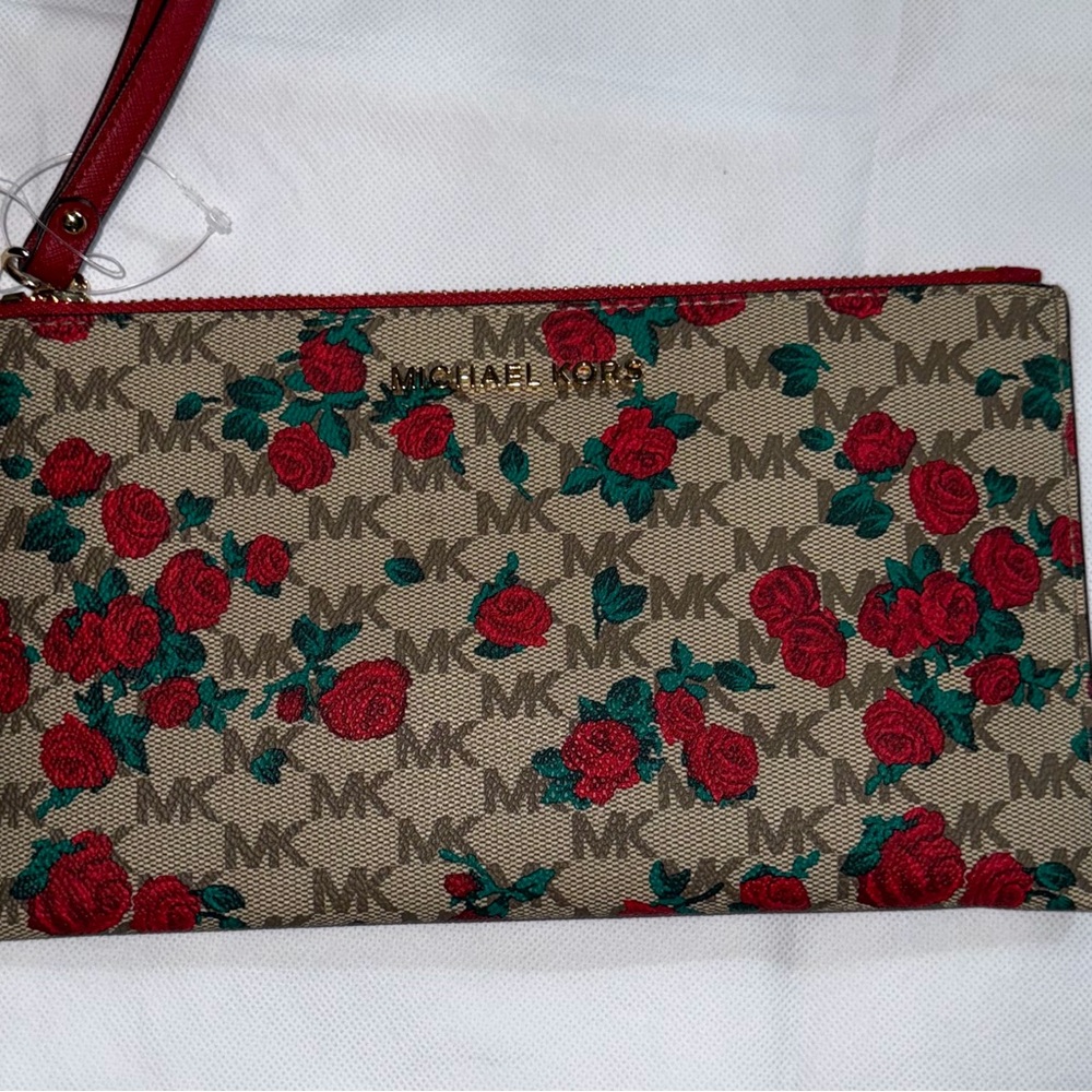 Michael Kors Floral Wristlet Clutch - Red and Tan